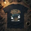 T-shirt with "THAT'S A HORRIBLE IDEA When do we start?" text and a rocket graphic, featuring steampunk-inspired gears