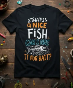 THAT'S a NICE FISH CAN I USE IT FOR BAIT? text with a fish skeleton graphic on a black t-shirt