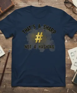 That's a Sharp # Not a Hashtag music pun t-shirt design with gold hash symbol and distressed background