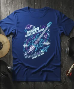 The Adventure Begins With A Song Explore Your Sound text and rocket guitar graphic on a blue t-shirt