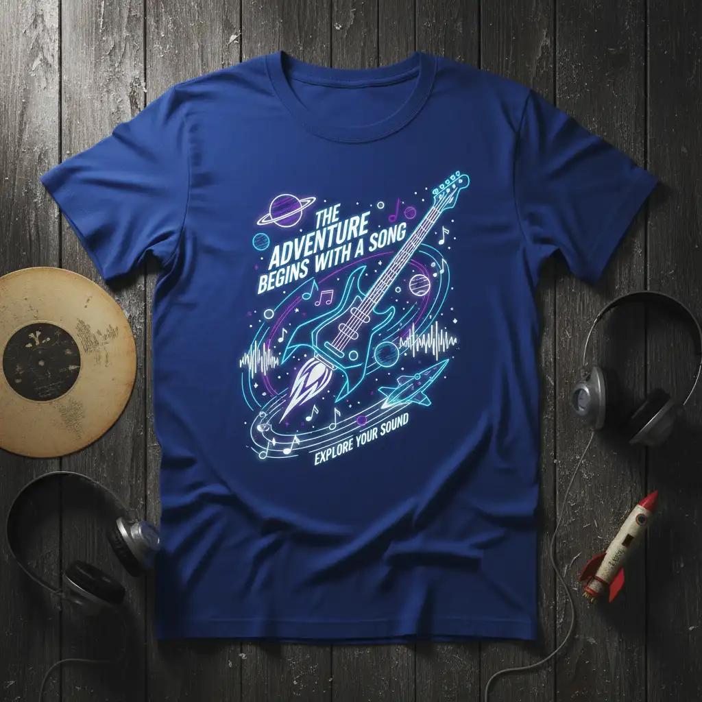 The Adventure Begins With A Song Explore Your Sound rocket guitar graphic on a royal blue t-shirt