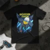 The Adventures of Wonder Duck T-Shirt featuring a superhero duck flying over a cityscape with retro cartoon style