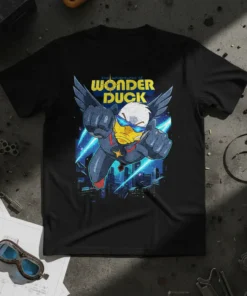 The Adventures of Wonder Duck T-Shirt featuring a superhero duck flying over a cityscape with retro cartoon style