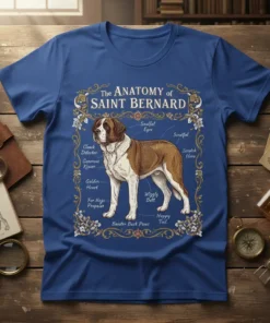 The Anatomy of Saint Bernard t-shirt design with detailed labels pointing to different dog features, including "Soulful Eyes" and "Wiggly