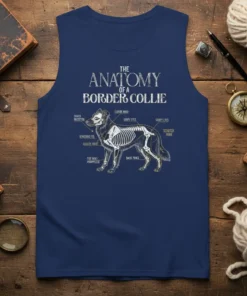 The Anatomy of a Border Collie tank top design with humorous labels for dog anatomy, including snack receptor and clever