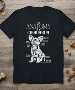 The Anatomy of a Chihuahua T-Shirt with humorous labels pointing to different dog parts like "Snack Detector" and "Clever Mind"