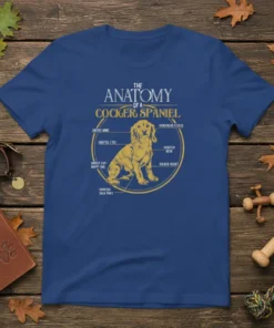 The Anatomy of a Cocker Spaniel t-shirt design with humorous labels pointing to different dog parts and a golden illustration