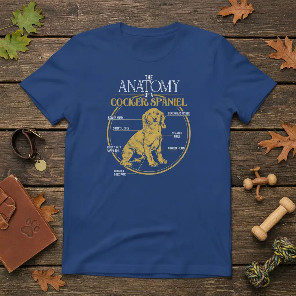 Humorous Cocker Spaniel anatomy diagram with 'The Anatomy of a Cocker Spaniel' title and illustrated dog features