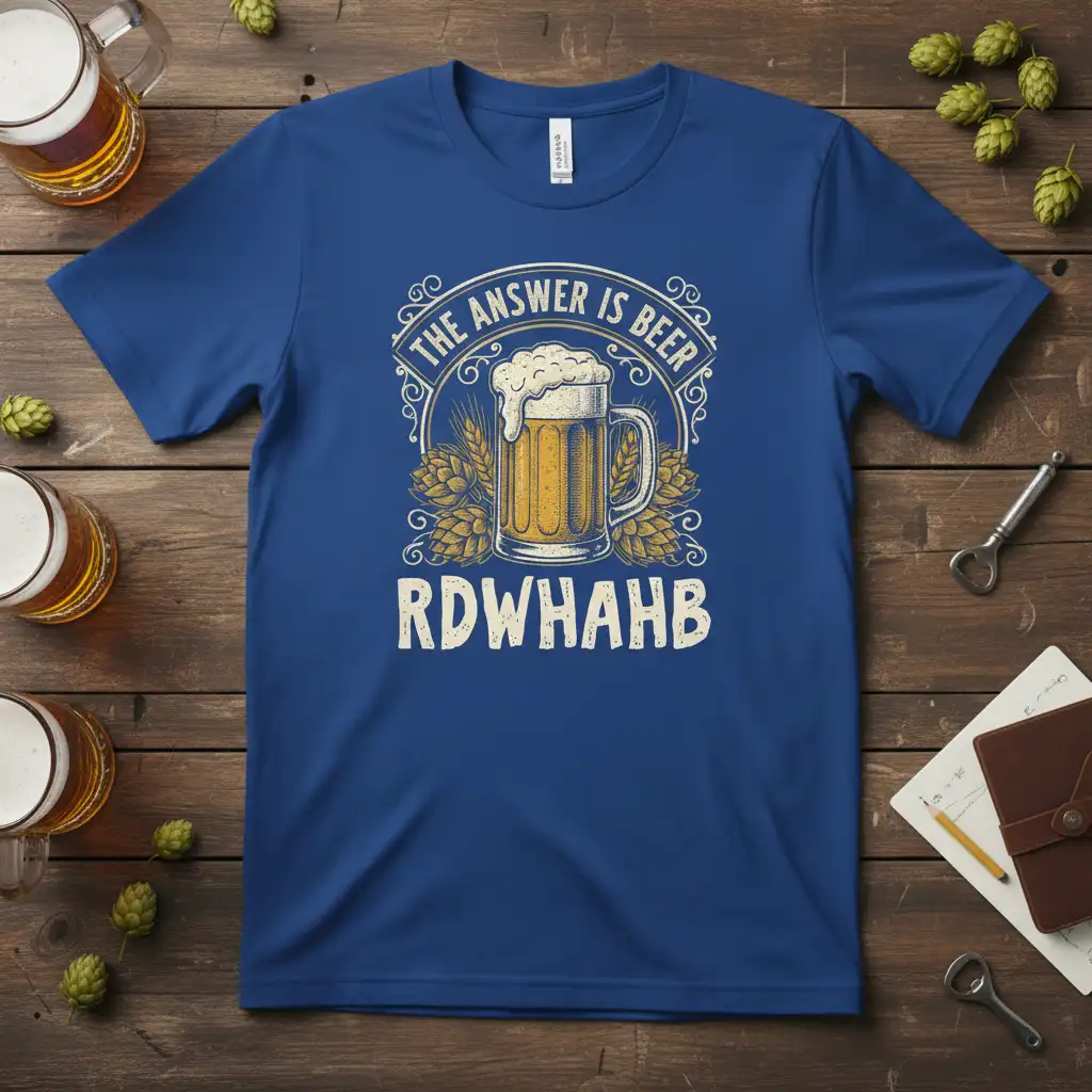 The Answer Is Beer RDWHAB quote with frothy beer mug graphic and hops illustration on blue t-shirt