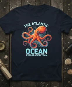 THE ATLANTIC OCEAN EXPLORATION TEAM text with a polygonal orange octopus graphic on a navy t-shirt