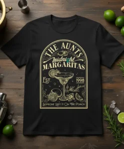 The Aunts Midnight Margaritas retro design with cocktail glass, limes, and vintage text on a black t-shirt