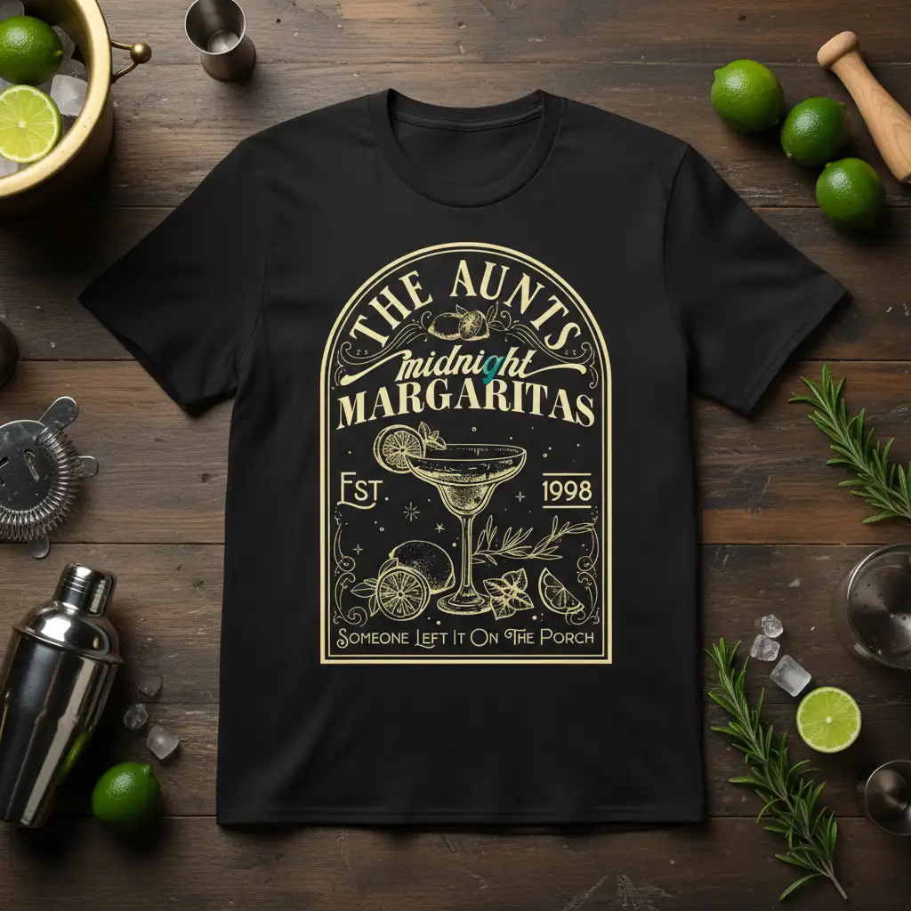 The Aunts Midnight Margaritas retro design featuring a cocktail glass, limes, and vintage lettering on a black t-shirt