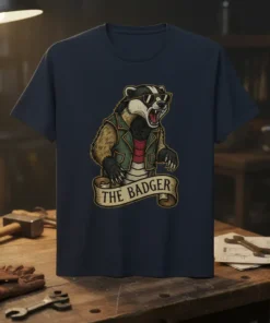 The Badger t-shirt design featuring a cool badger wearing sunglasses and a vest, with text "THE BADGER" on a banner