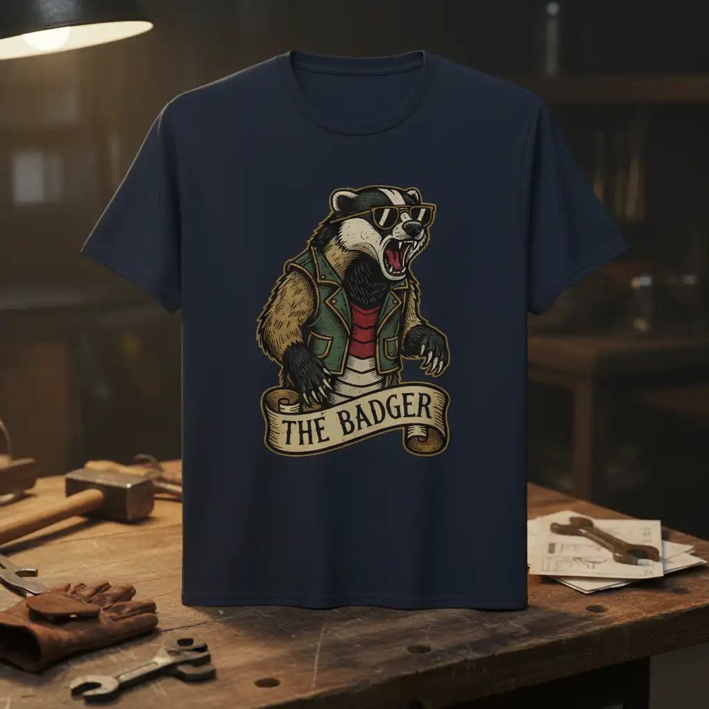 The Badger graphic tee design with a cool badger wearing sunglasses and a vest, bold typography on banner