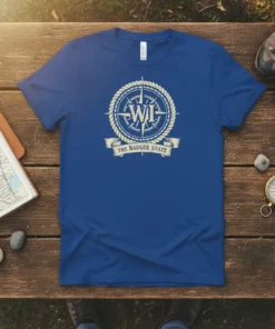 The Badger State WI compass design t-shirt in blue, featuring a nautical rope border and banner with state text