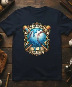 The Baseball And Bats graphic t-shirt design featuring a melting baseball and crossed wooden bats within an ornate frame