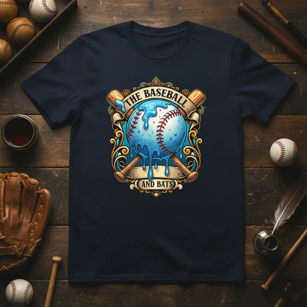 The Baseball And Bats text and melting baseball graphic with crossed bats on a t-shirt design