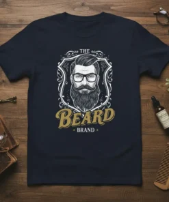 The Beard Brand t-shirt design featuring a stylized portrait of a man with a prominent beard and glasses