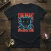 Black panther head roaring with lightning and hearts, text reads "THE BEAST INSIDE ME" on a dark t-shirt