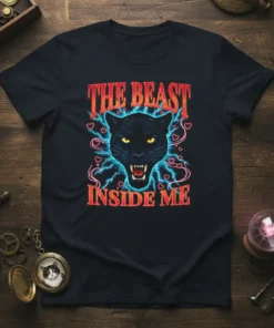 Black panther head roaring with lightning and hearts, text reads "THE BEAST INSIDE ME" on a dark t-shirt