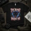 Black t-shirt with "The Beast Inside Me" text and a fierce black panther graphic with lightning bolts and flames