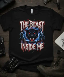 Black t-shirt with "The Beast Inside Me" text and a fierce black panther graphic with lightning bolts and flames
