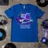 The Beat Goes On quote on a t-shirt with DJ equipment and city skyline graphics, vibrant neon colors