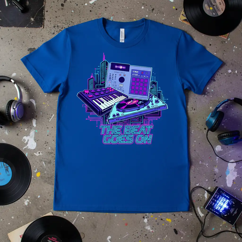The Beat Goes On quote with DJ equipment illustration on a t-shirt, vibrant neon design