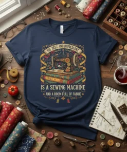 T-shirt design featuring the quote "The Best Antidepressant is a Sewing Machine and a Room Full of Fabric" with vintage