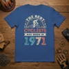 Vintage "The Best Cyclists Are Born In 1971" t-shirt design with a cyclist graphic and retro font