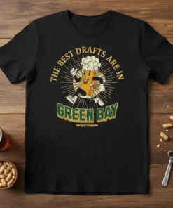 The Best Drafts Are In Green Bay Wisconsin text with a cartoon beer character holding a football, vintage style graphic