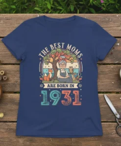 The Best Moms Are Born In 1931 quote with a grandmother figure, tree, fox, owl, and rabbit illustration