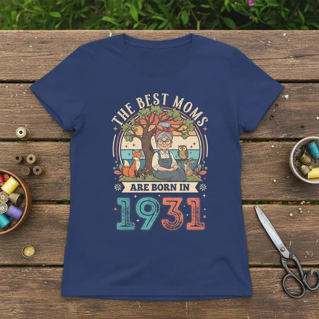 The Best Moms Are Born In 1931 retro quote with grandmother, tree, fox, owl, and rabbit art