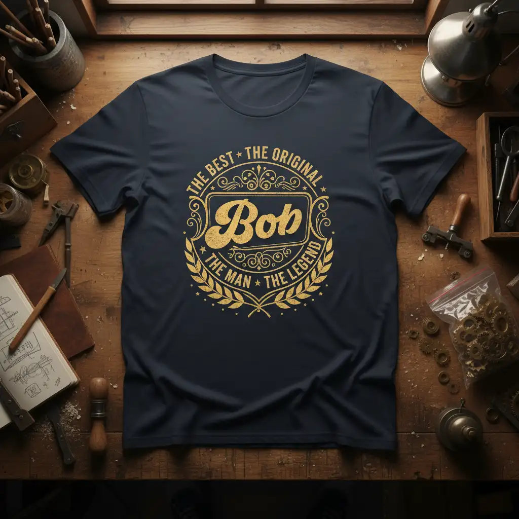 The Best The Original Bob The Man The Legend t-shirt with ornate gold circular graphic and Bob's name