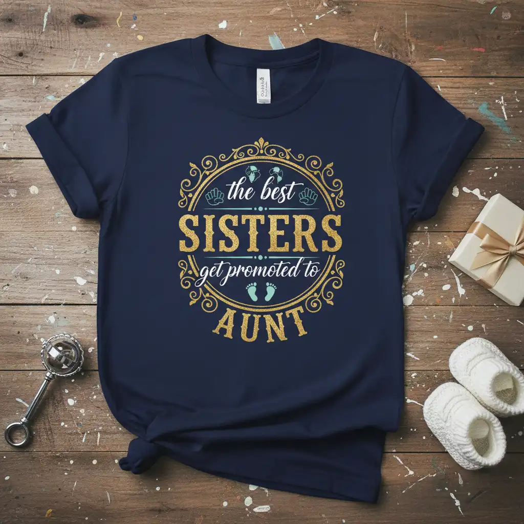 The best SISTERS get promoted to AUNT quote design with decorative border and baby footprints on a navy tee