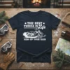 The Best Things in Life Mess Up Your Hair snowmobile graphic t-shirt design in white text and illustration