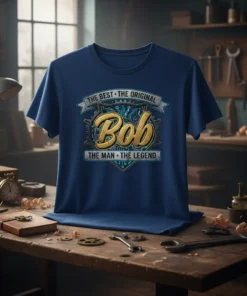 The Best The Original Bob The Man The Legend quote on a dark blue t-shirt with metallic gold and blue