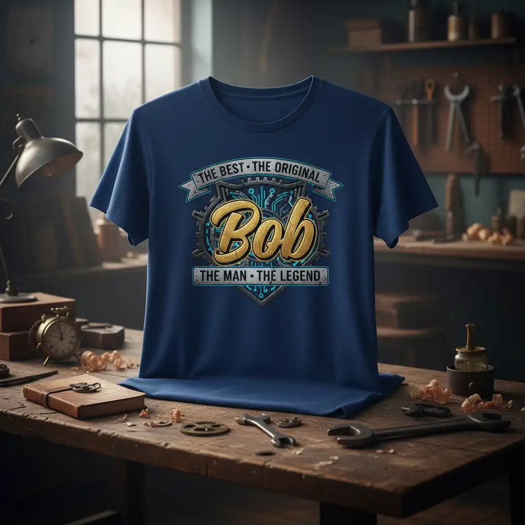 The Best The Original Bob The Man The Legend design with stylized gold Bob text and gear accents on a blue shirt