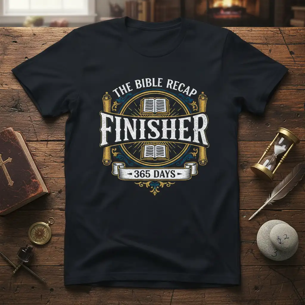 The Bible Recap Finisher 365 Days text with open book graphics on a navy t-shirt