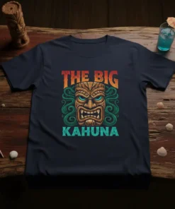 The Big Kahuna text above a fierce tiki mask with green wavy accents, printed on a navy t-shirt