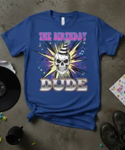 The Birthday Dude text with a skull wearing a party hat graphic, set against a starburst background