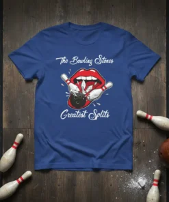 The Bowling Stones Greatest Splits t-shirt design featuring red lips, bowling pins, and a bowling ball