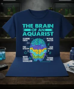 The Brain of an Aquarist t-shirt with a colorful brain diagram labeling aquarium-related functions like Fish Detector and Water Change