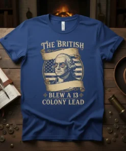 The British Blew a 13 Colony Lead patriotic t-shirt design with George Washington wearing sunglasses and the American flag