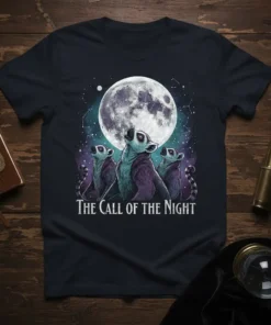 The Call of the Night t-shirt design featuring three lemurs looking up at a large full moon against a starry