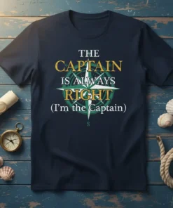 Navy t-shirt with "The Captain Is Always Right (I'm the Captain)" text and compass graphic