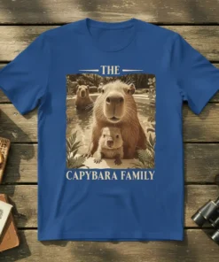 The Capybara Family text above a graphic of three capybaras in water, featuring a parent and two young ones