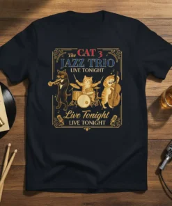 The Cat 3 Jazz Trio Live Tonight Live Tonight Live Tonight text with three cartoon cats playing jazz instruments on