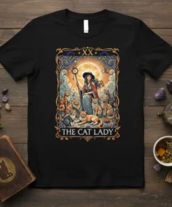 The Cat Lady tarot card t-shirt design with a woman surrounded by cats and celestial elements