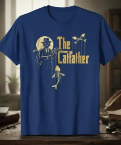 The Catfather t-shirt design featuring a cat in a suit holding fish skeletons on strings, with golden text